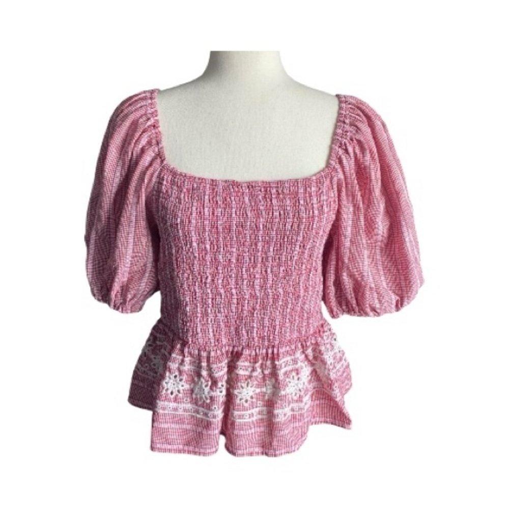 EASEL-RED & WHITE SMOCKED PEPLUM TOP-WOMENS SIZE LARGE